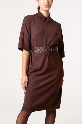 Bold Textured Belt High Neck Knit Midi Dress