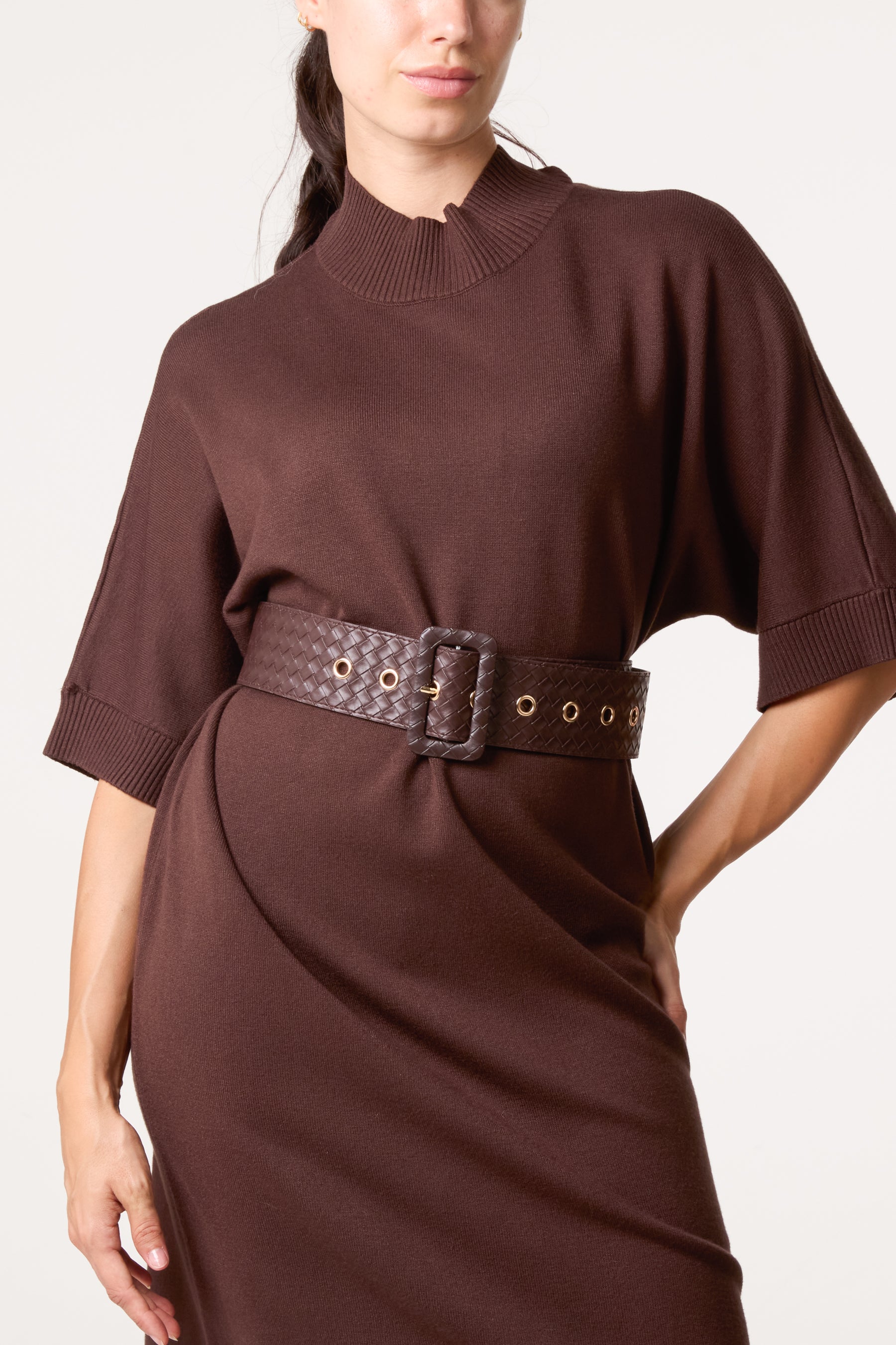 Bold Textured Belt High Neck Knit Midi Dress