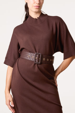 Bold Textured Belt High Neck Knit Midi Dress