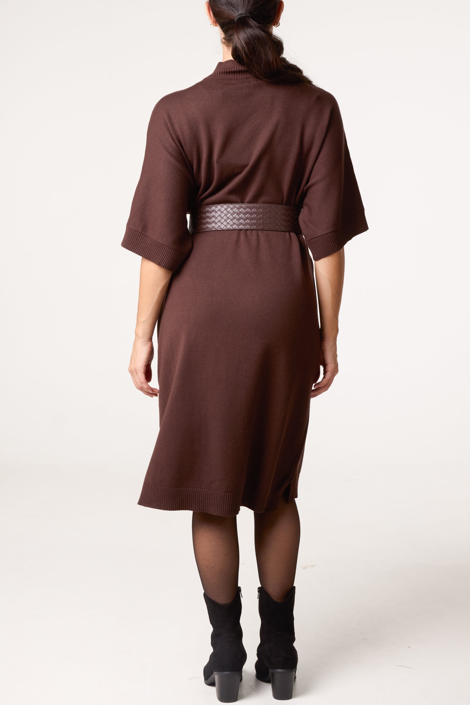 Bold Textured Belt High Neck Knit Midi Dress