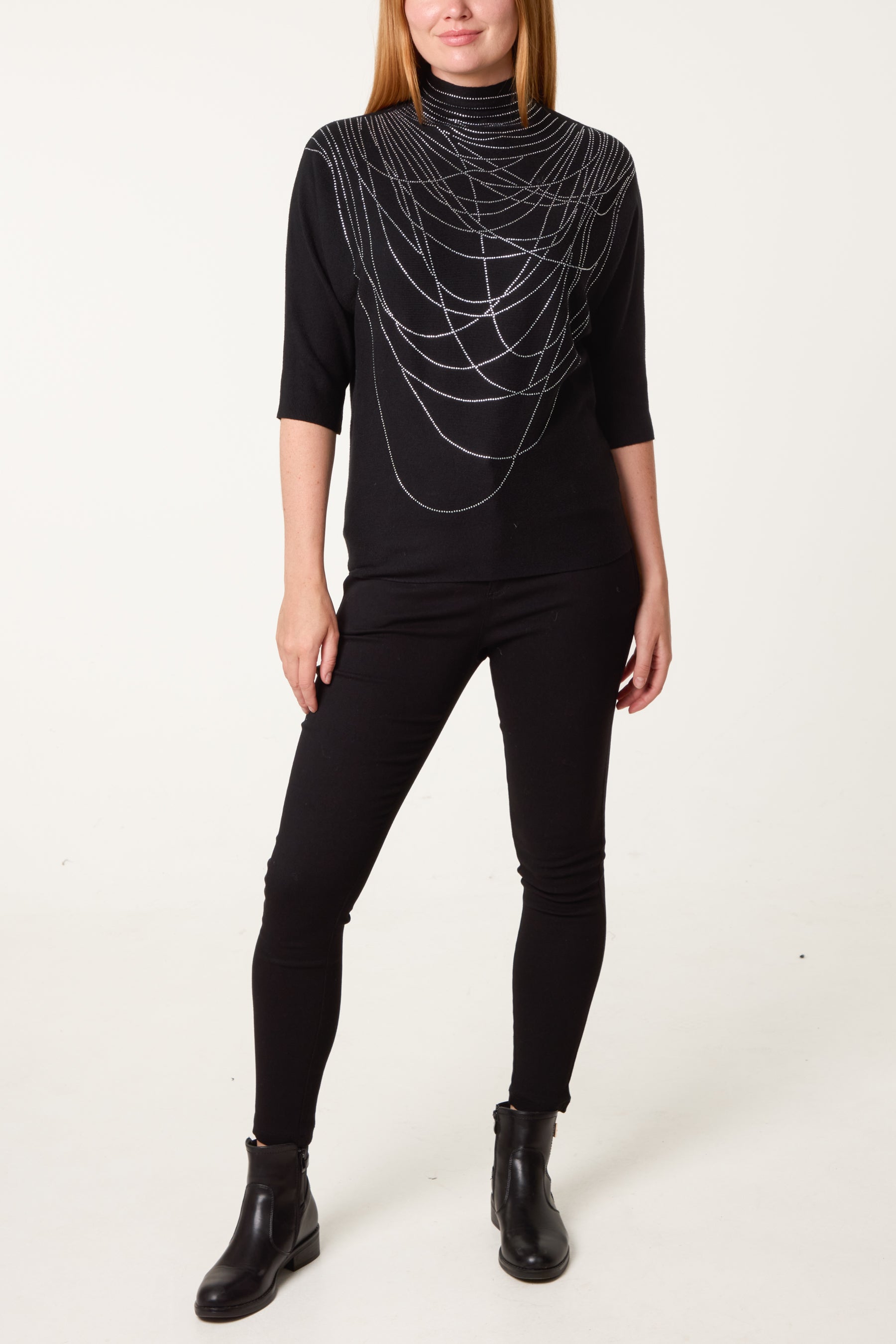High Neck Sparkling Necklace Effect Rhinestone Jumper
