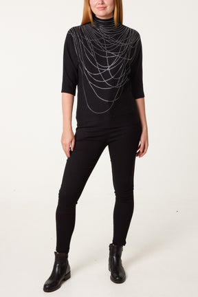 High Neck Sparkling Necklace Effect Rhinestone Jumper