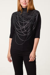 High Neck Sparkling Necklace Effect Rhinestone Jumper