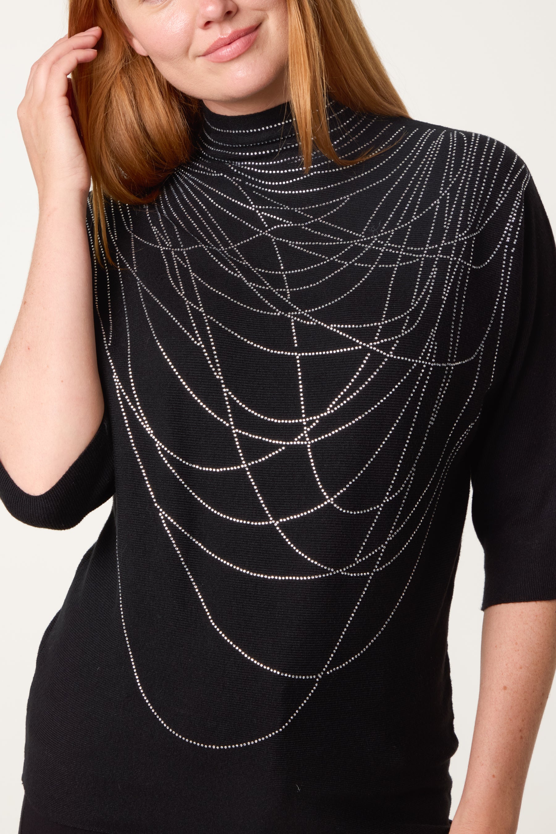 High Neck Sparkling Necklace Effect Rhinestone Jumper