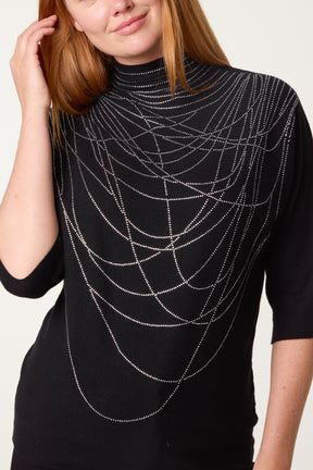 High Neck Sparkling Necklace Effect Rhinestone Jumper