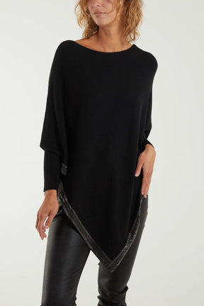 Slash Neck Diagonal Diamante Poncho