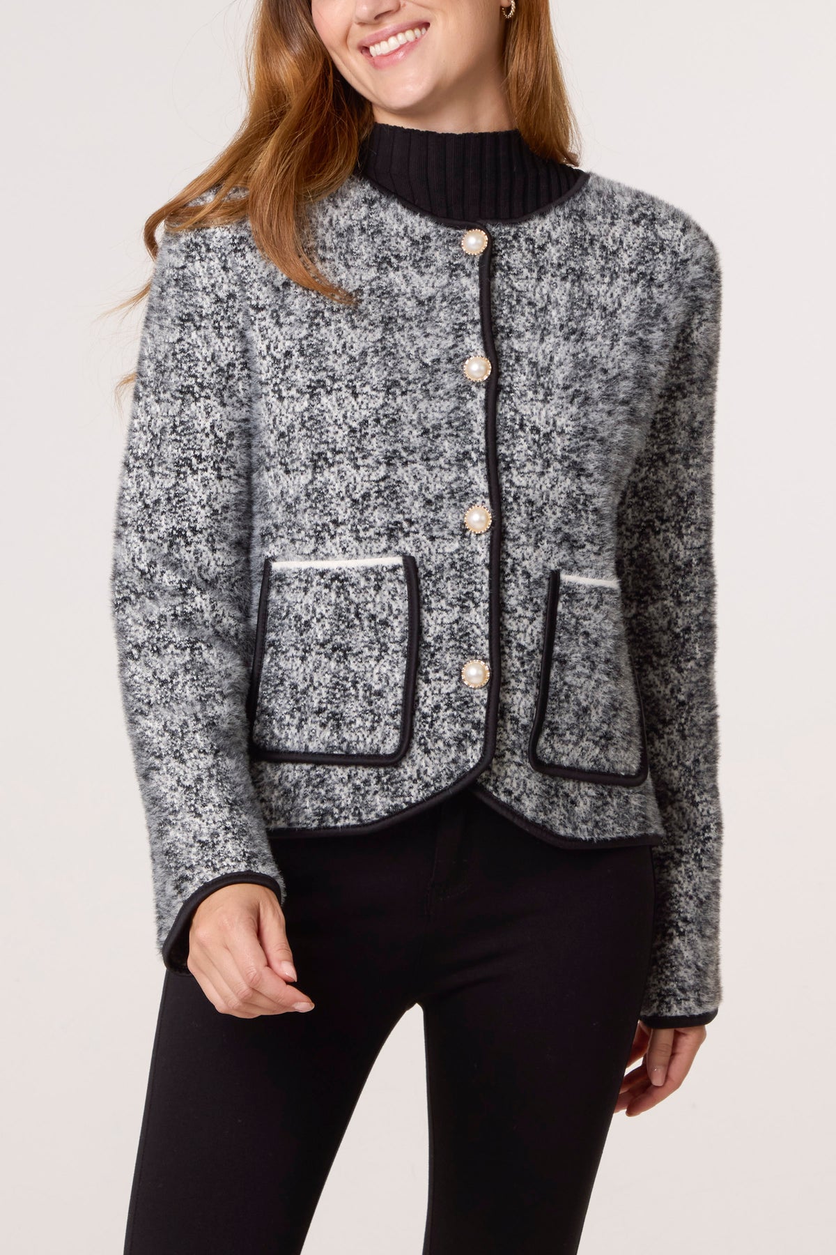 Boucle Knit Pearl Button Cardigan