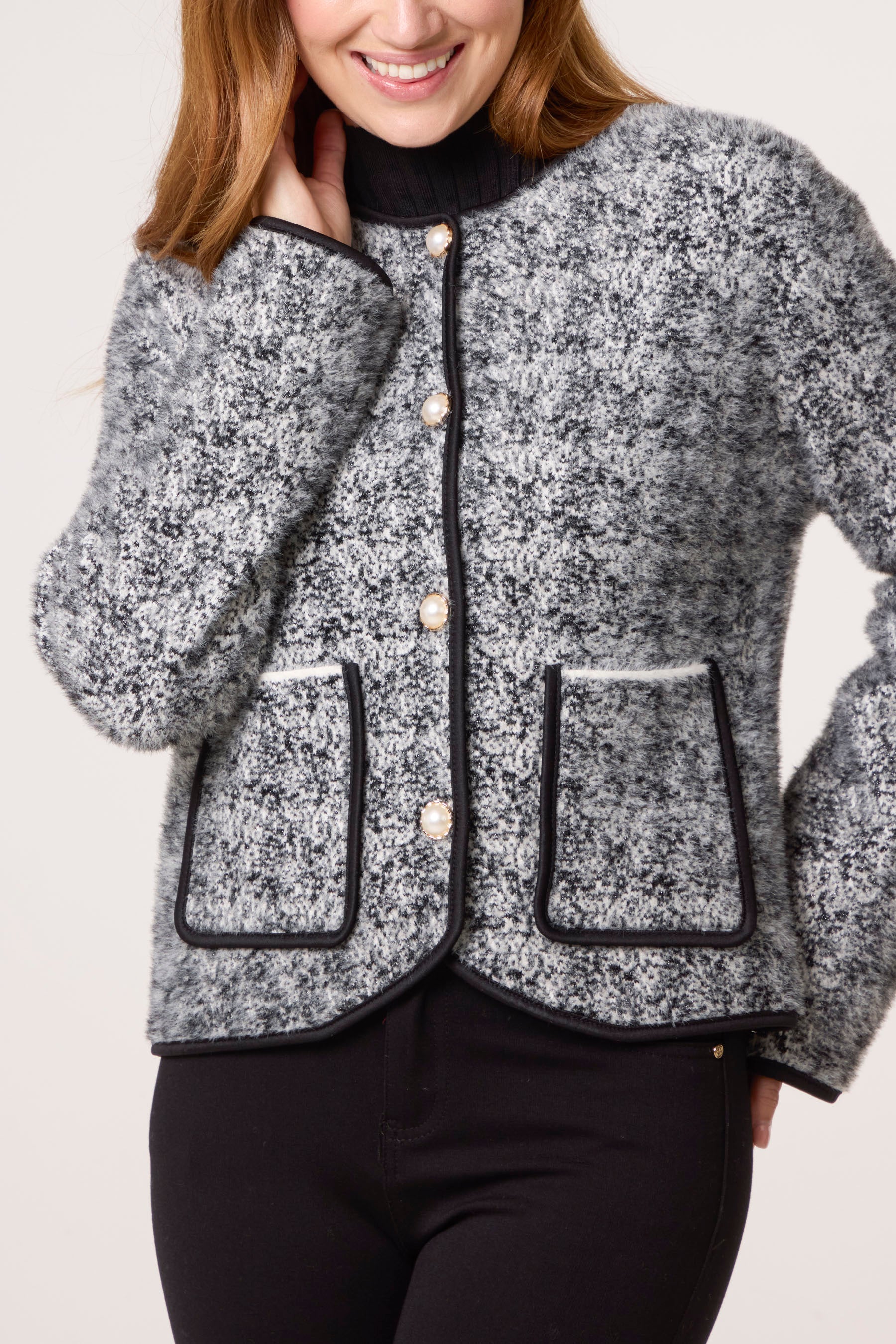 Boucle Knit Pearl Button Cardigan