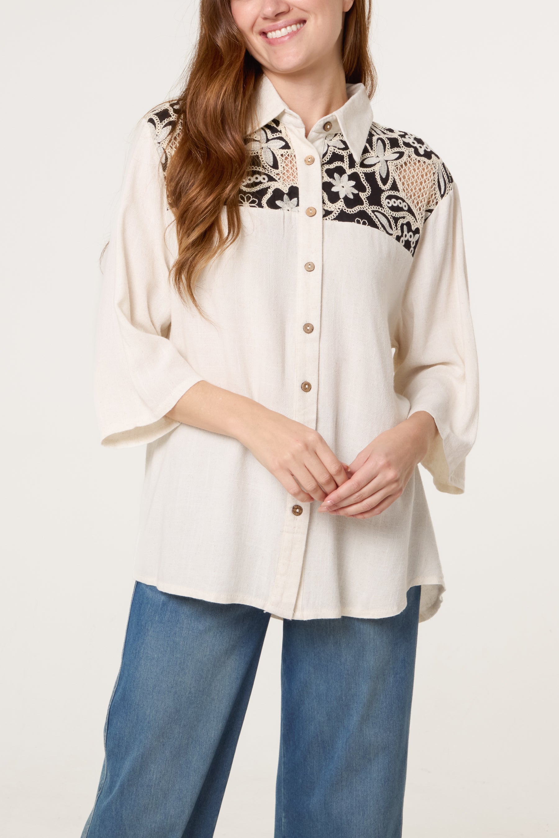Floral Crochet Linen Loose Fit Shirt