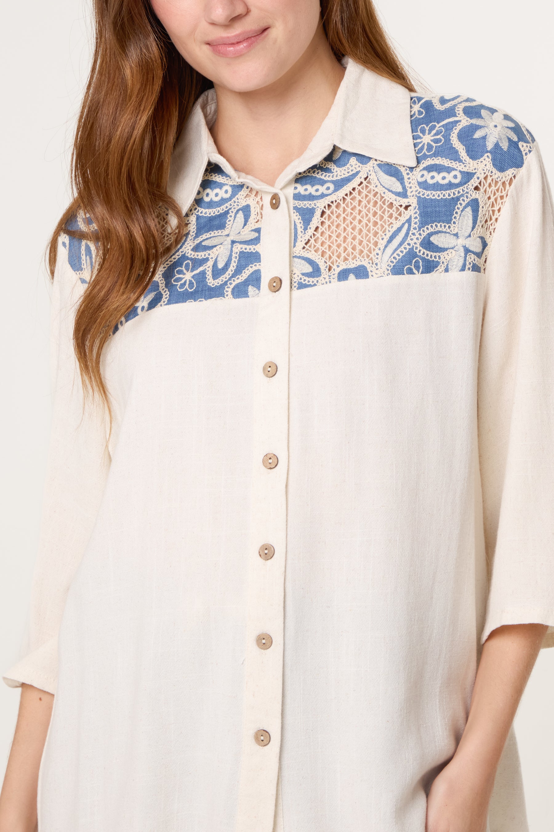 Floral Crochet Linen Loose Fit Shirt