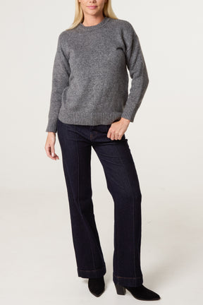 Grey Ribbed Edge Round Neck Jumper
