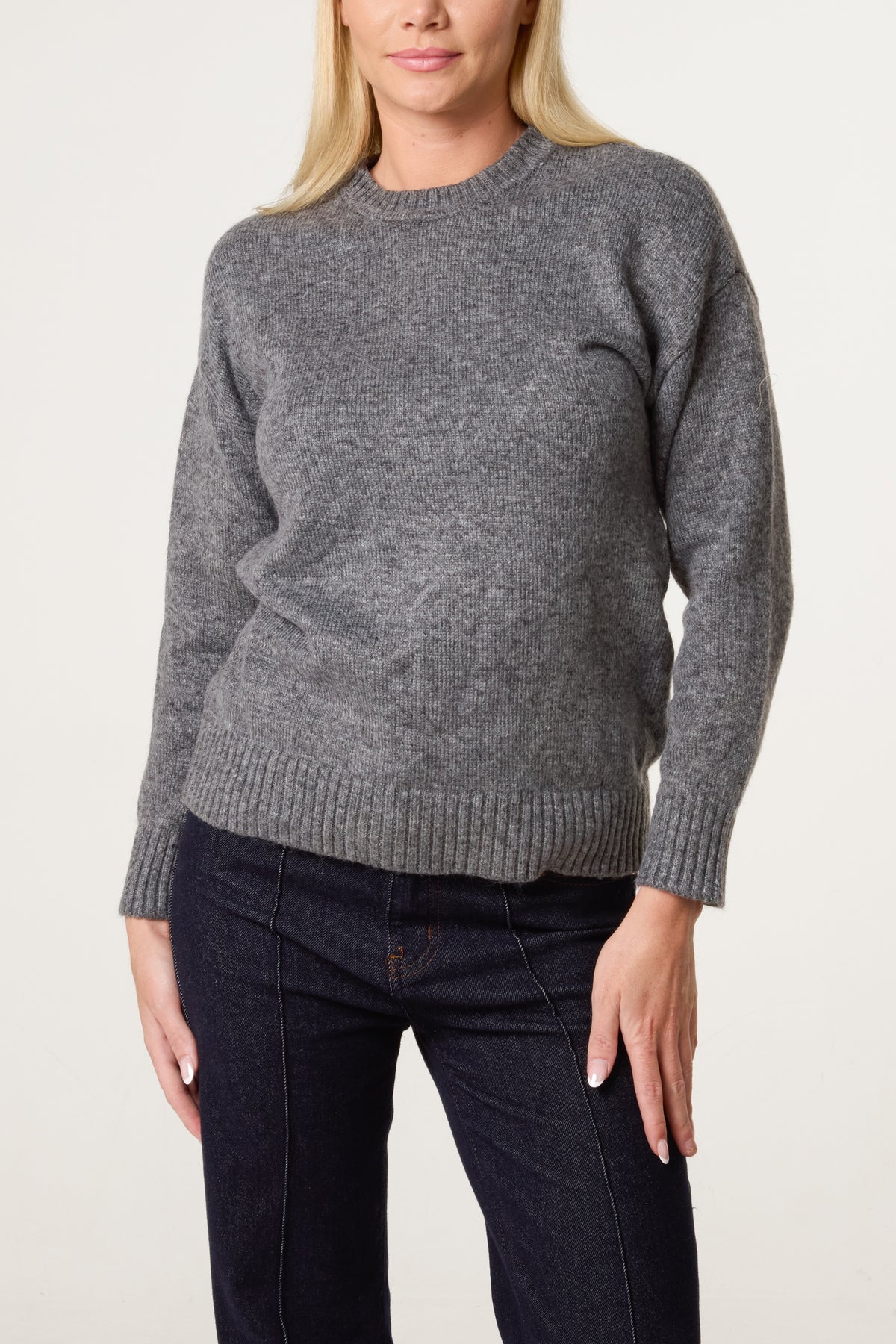 Grey Ribbed Edge Round Neck Jumper