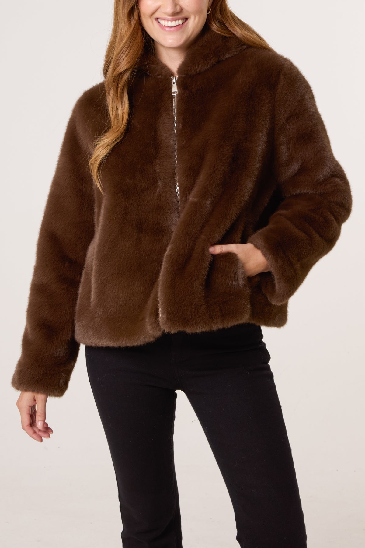 Faux Fur Zip-Up Hooded Coat