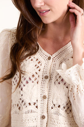 Puff Sleeve Crochet & Anglaise Button Top