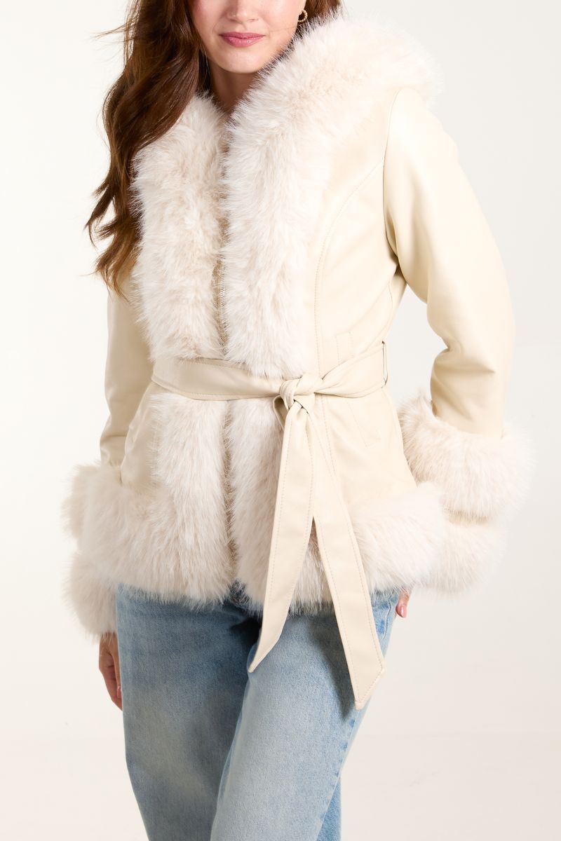 Pu & Faux Fur Zip & Belted Peplum Jacket