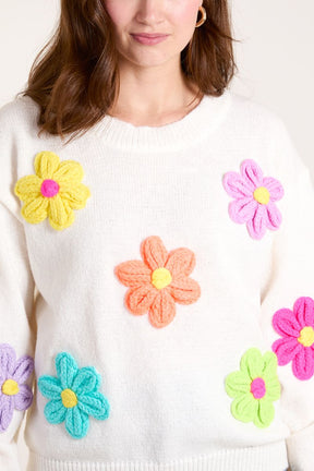 Knitted Flowers Crew Neck Jumper