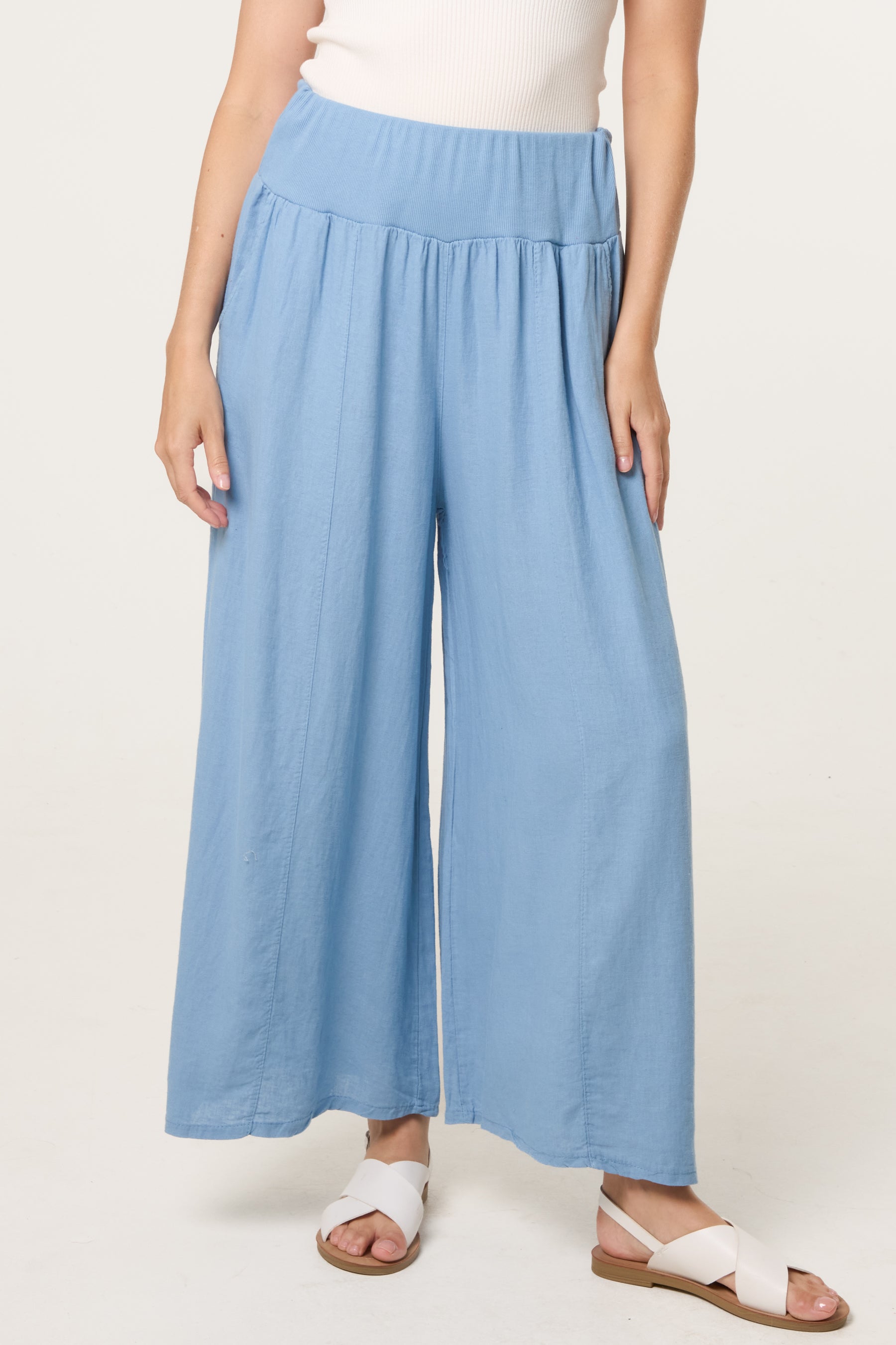 Linen Blend Wide Leg Waistband Trousers