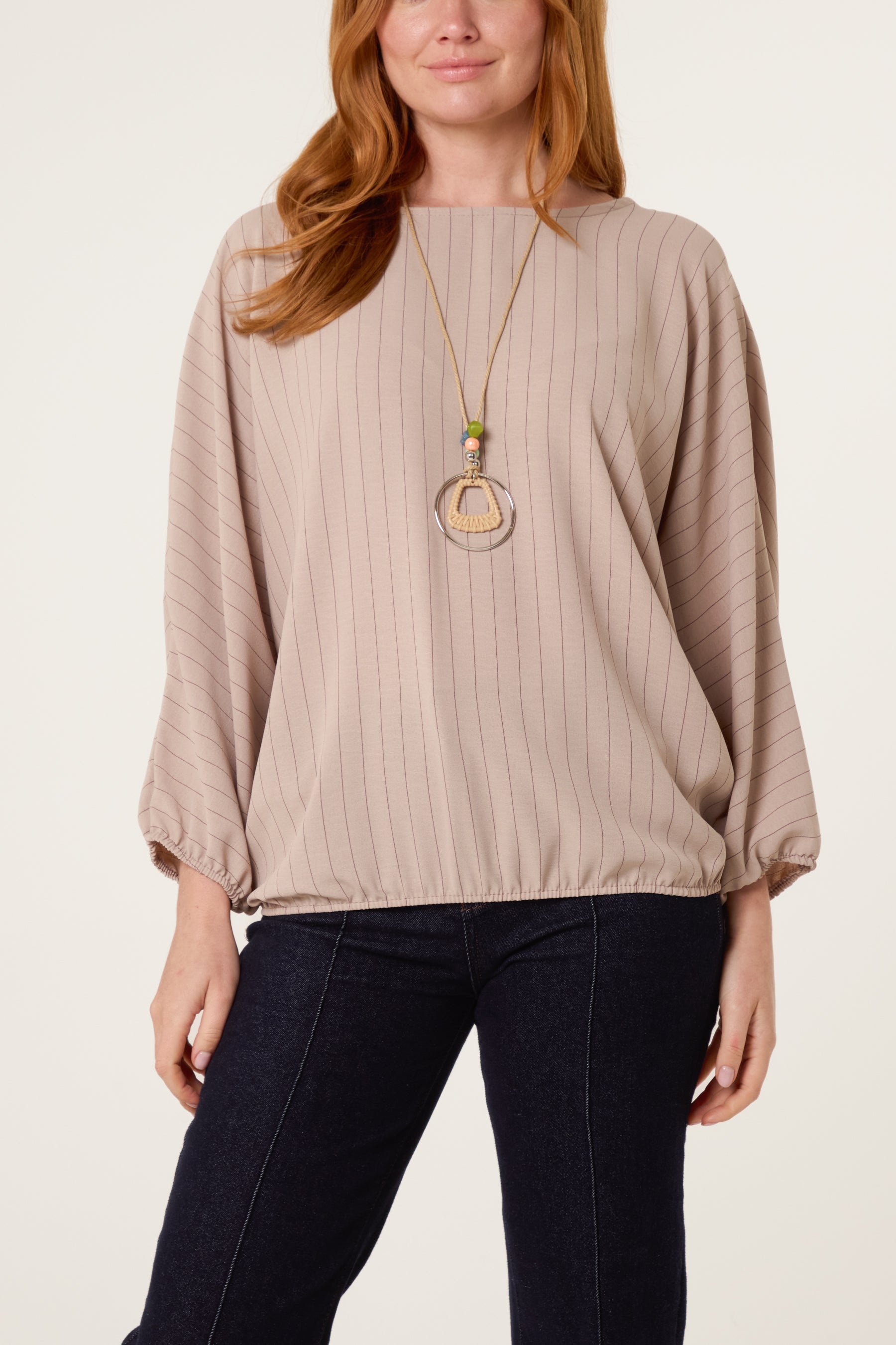 Necklace Pinstripe Batwing Blouse