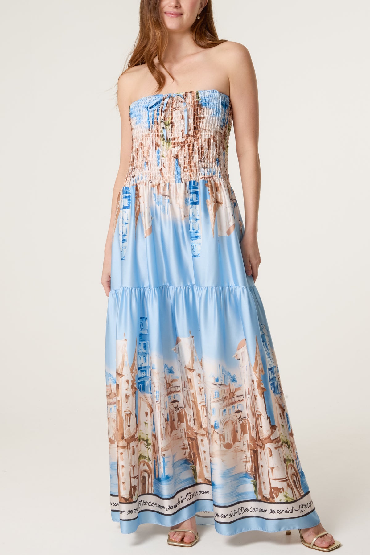 Satin Landscape Shirred Bandeau Maxi Dress