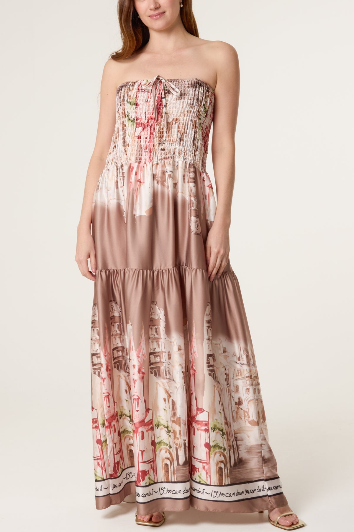 Satin Landscape Shirred Bandeau Maxi Dress