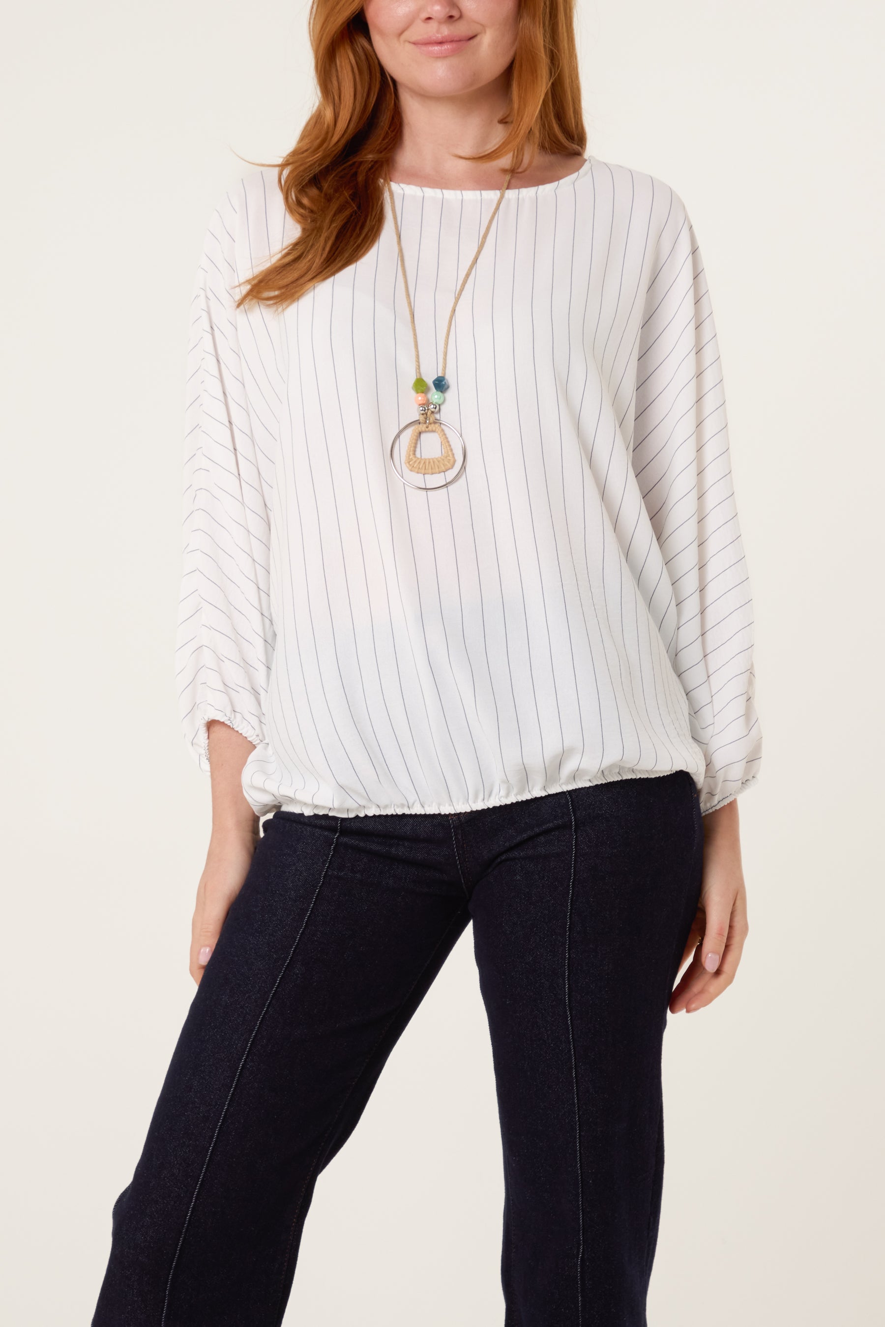 Necklace Pinstripe Batwing Blouse