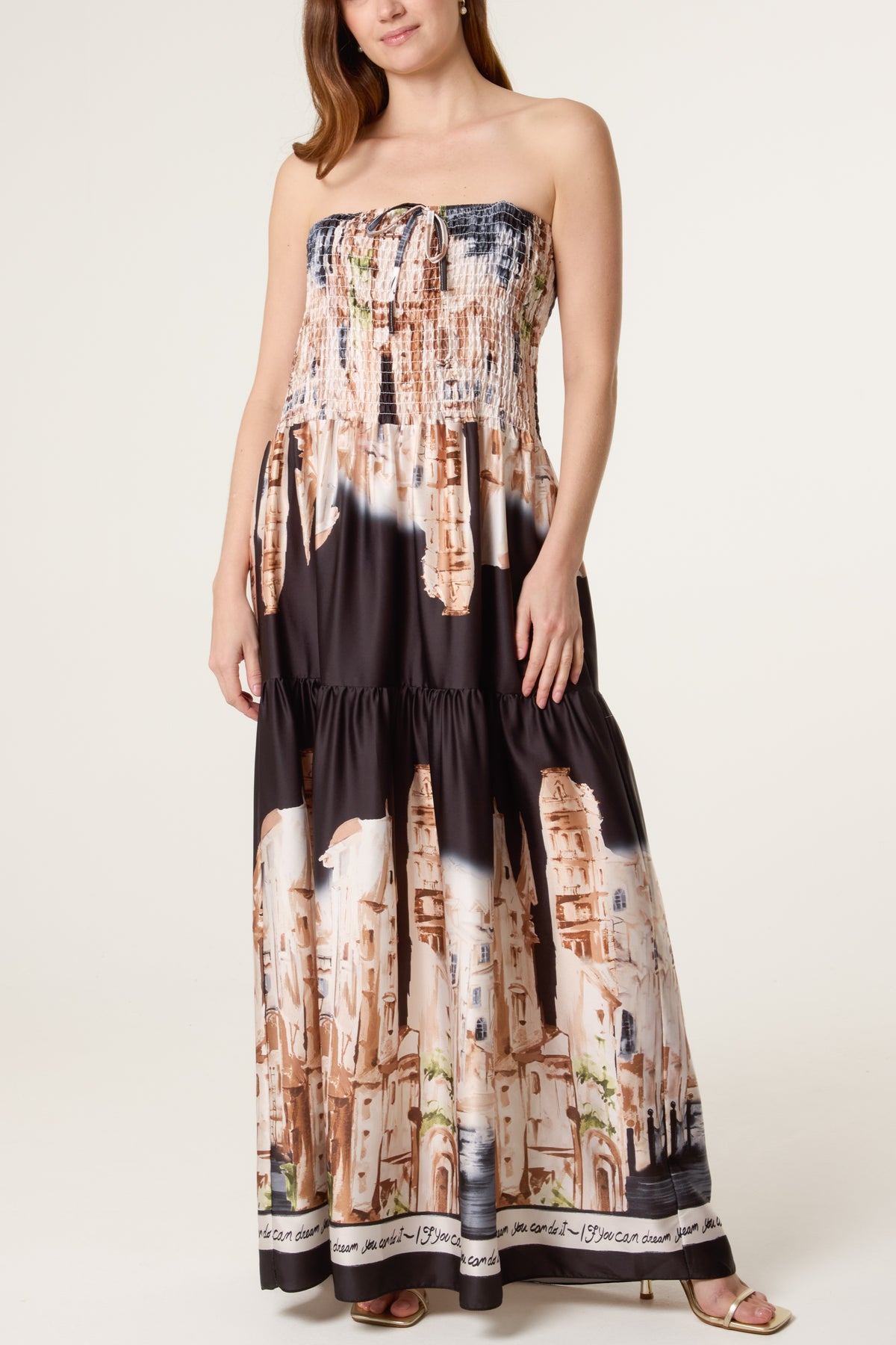 Satin Landscape Shirred Bandeau Maxi Dress