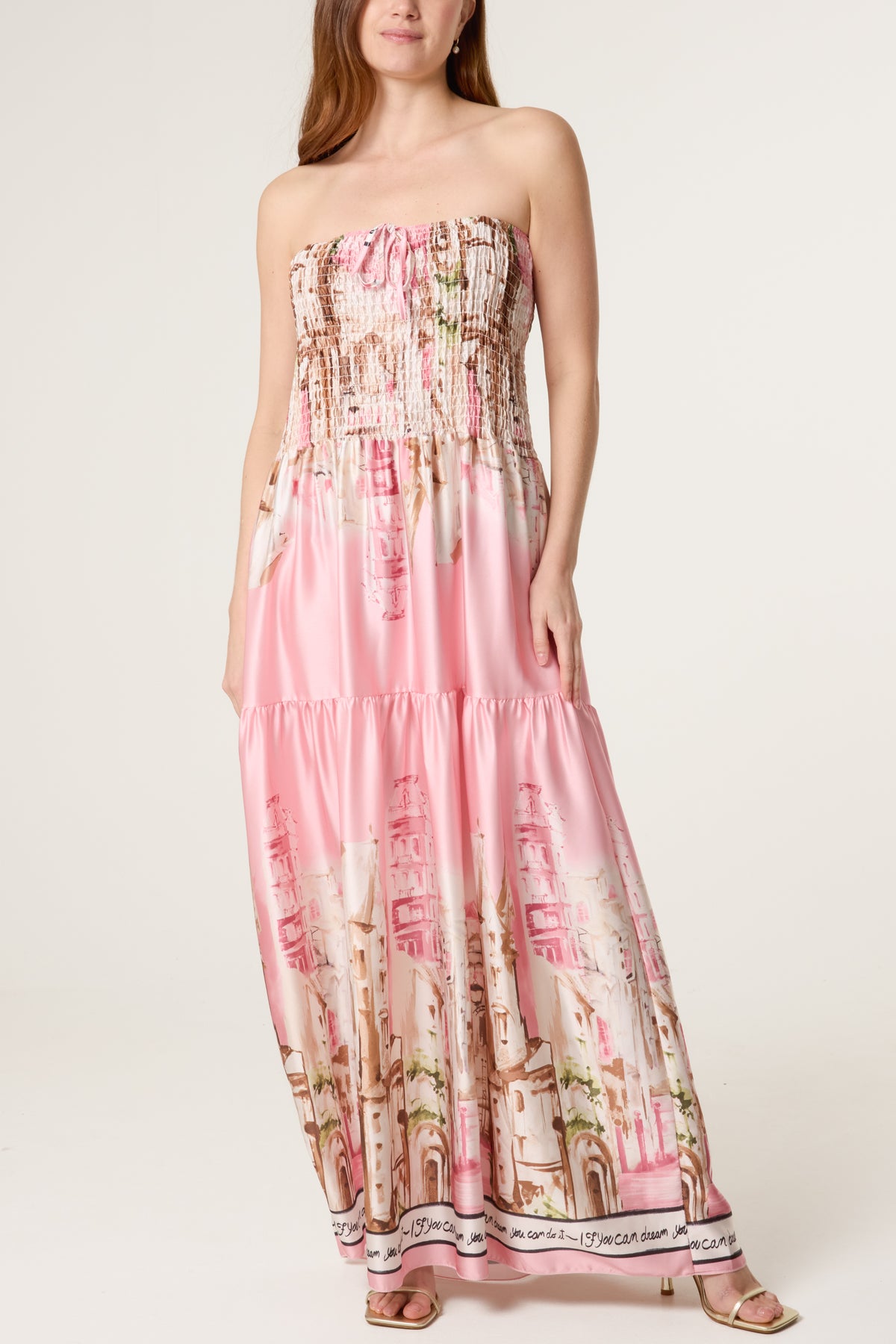 Satin Landscape Shirred Bandeau Maxi Dress