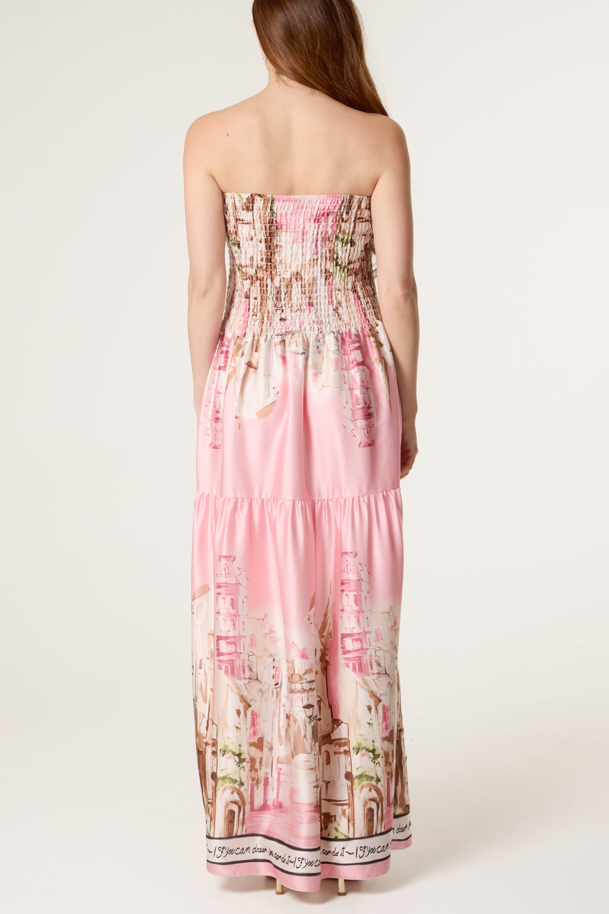Satin Landscape Shirred Bandeau Maxi Dress
