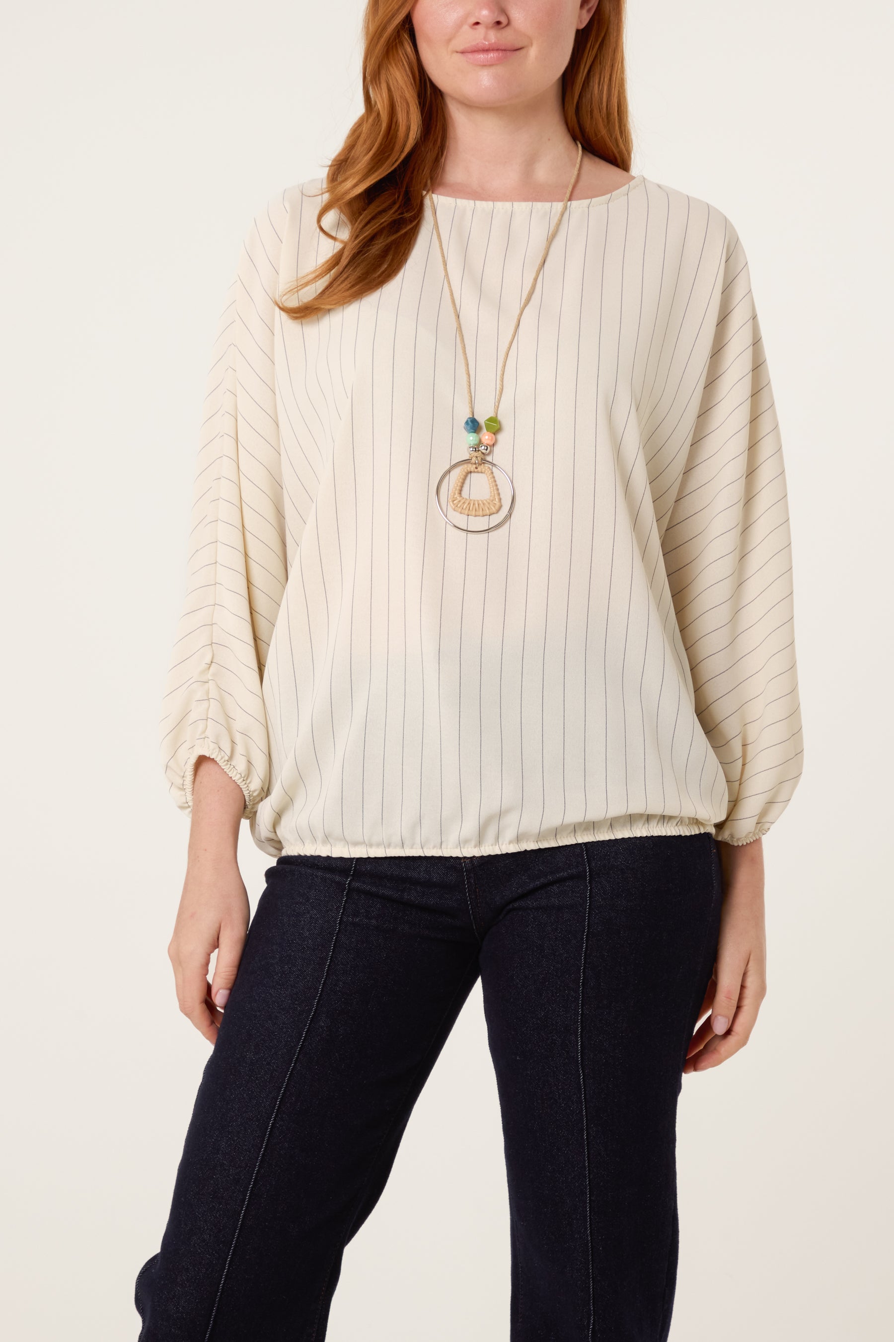 Necklace Pinstripe Batwing Blouse