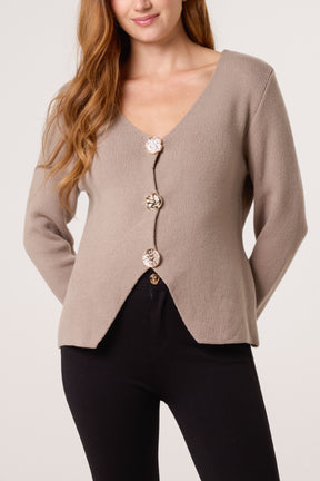 Gold Button V-Neck Cardigan