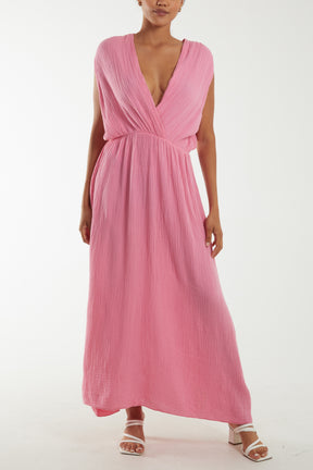 Double V-Neck Cheesecloth Maxi Dress