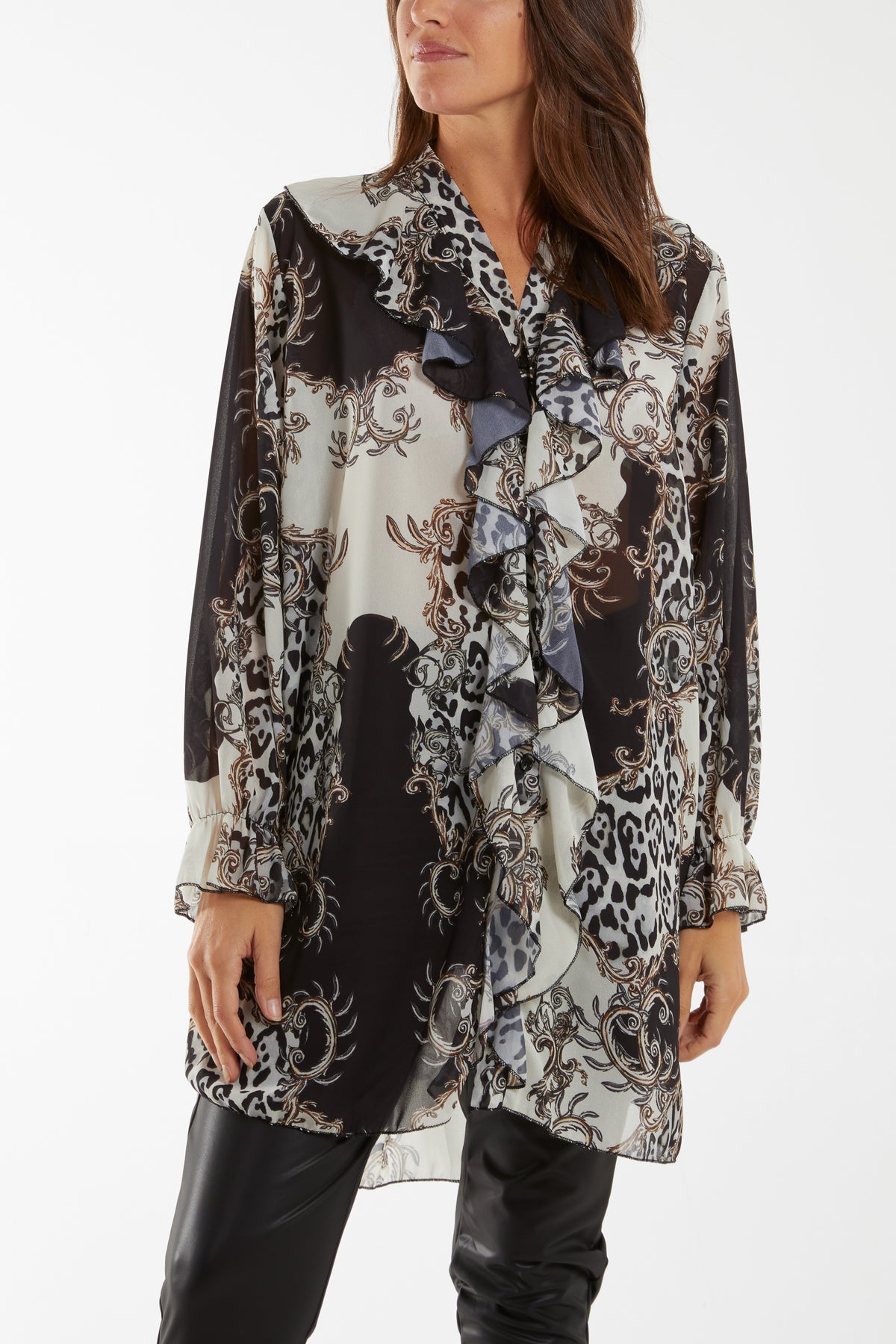 Mixed Animal Print Ruffle Blouse