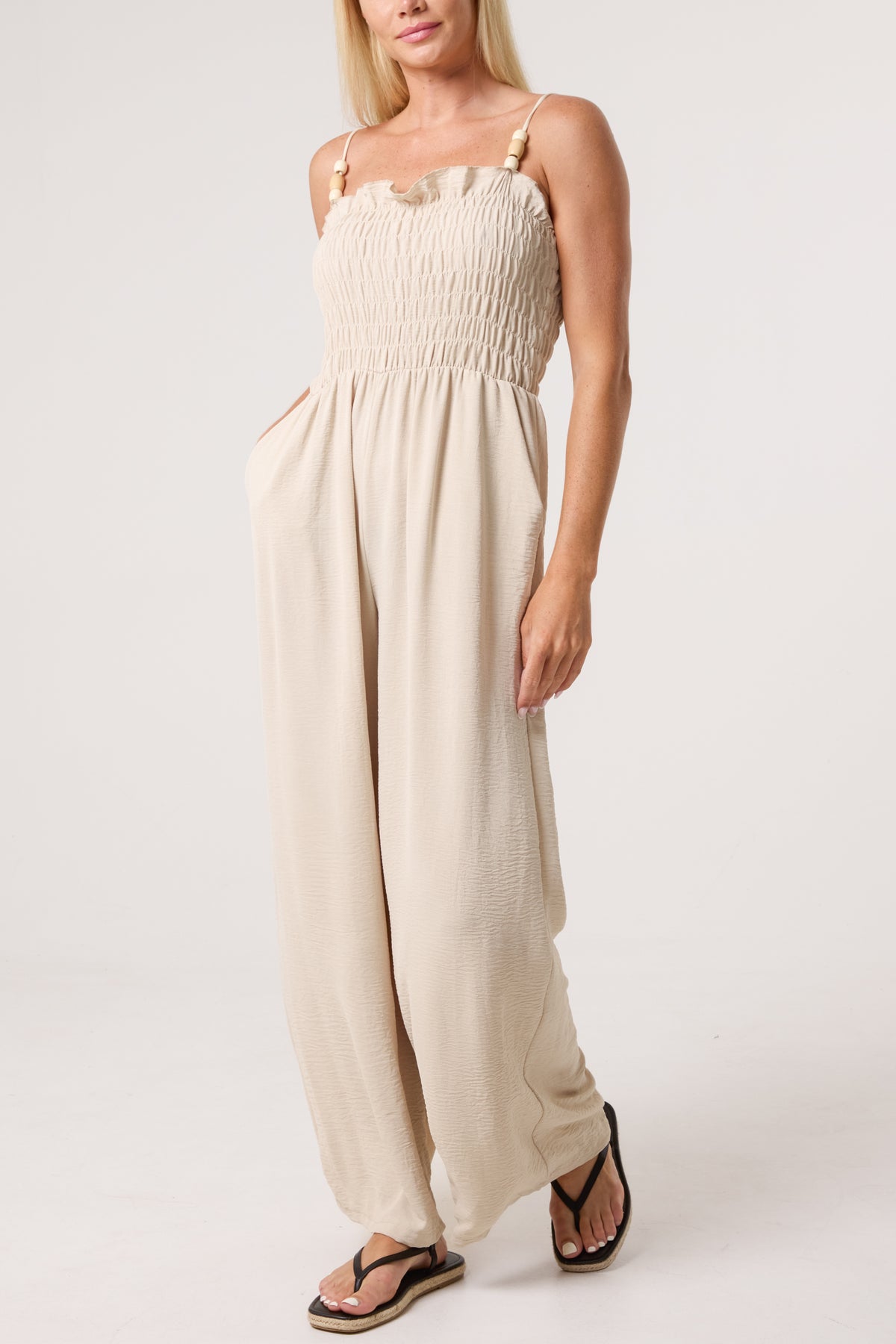Shirred Bodice Beaded Strap Jumpsuit