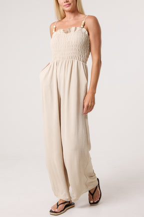 Shirred Bodice Beaded Strap Jumpsuit