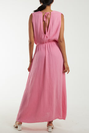Double V-Neck Cheesecloth Maxi Dress