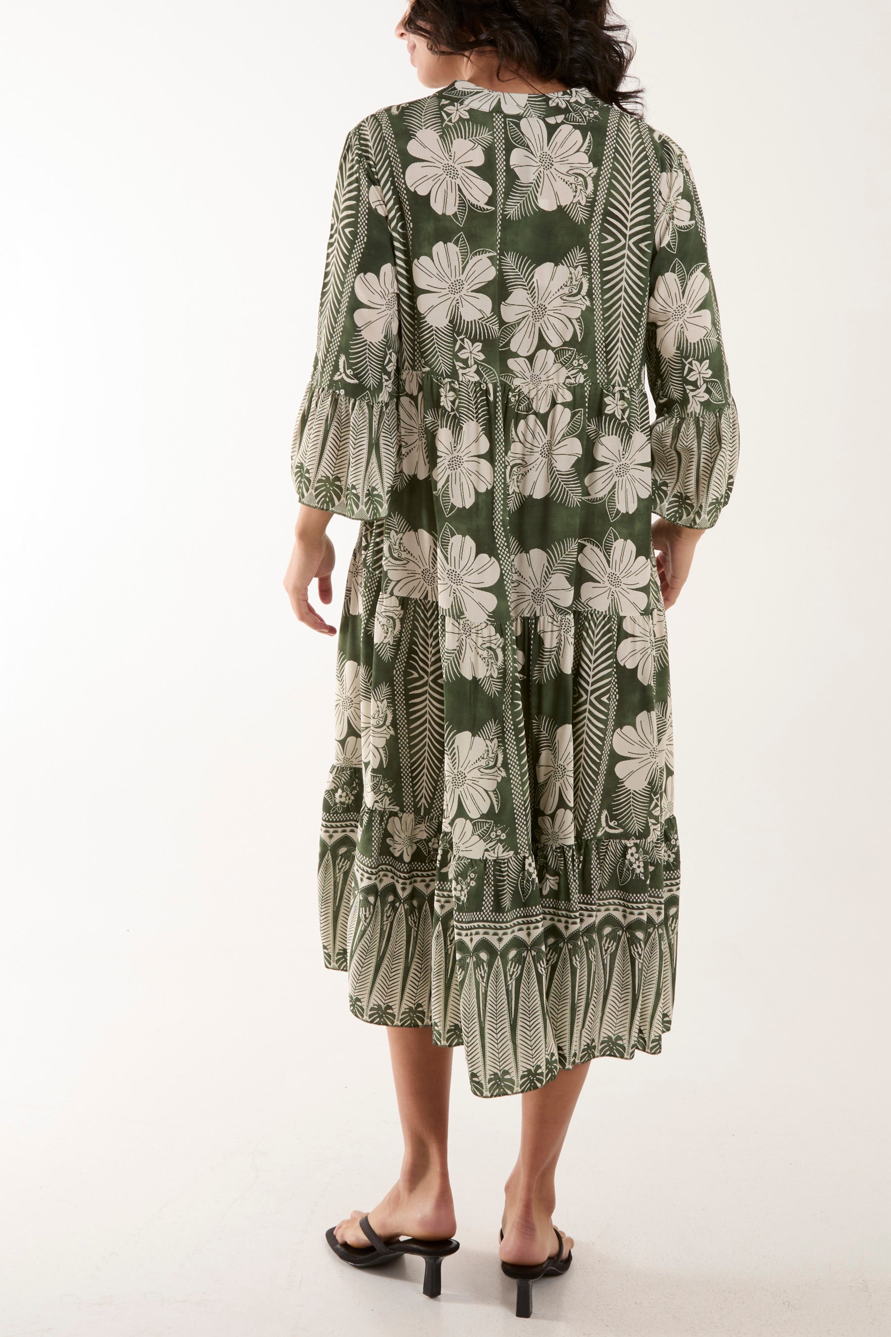 Floral Print Grandad Collar Midi Dress