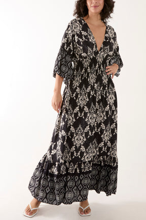 Shirred Waist Border Print Dress