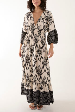 Shirred Waist Border Print Dress