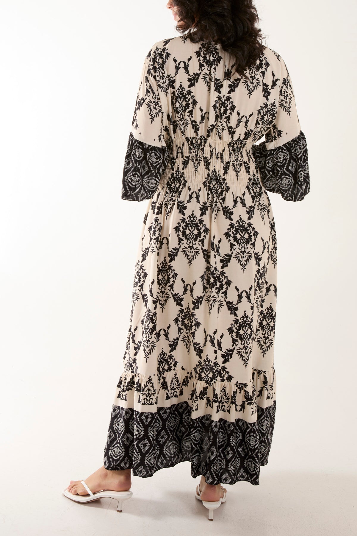 Shirred Waist Border Print Dress