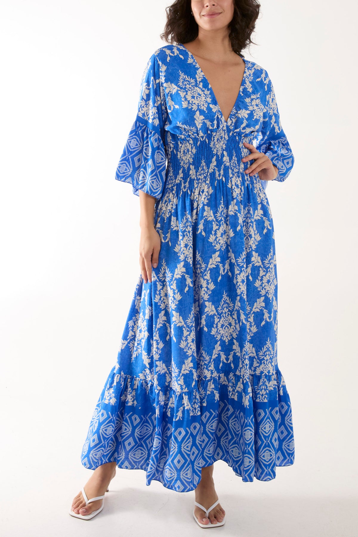 Shirred Waist Border Print Dress