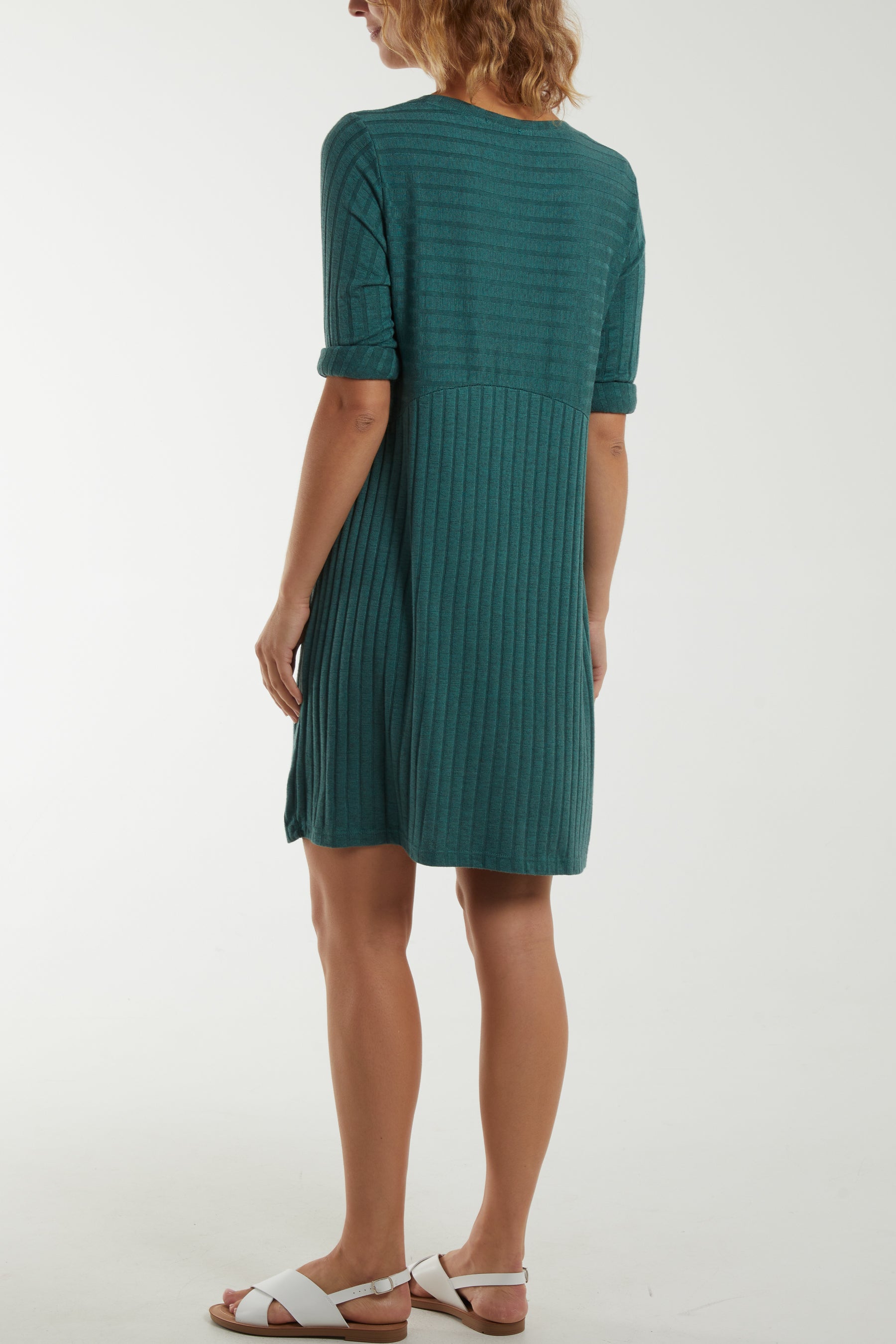 Ribbed Rolled Sleeve Knit Dress