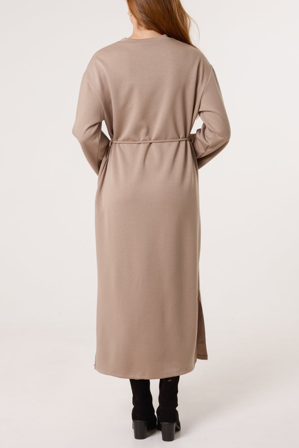 Round Neck Belted Midi Sweat Dress