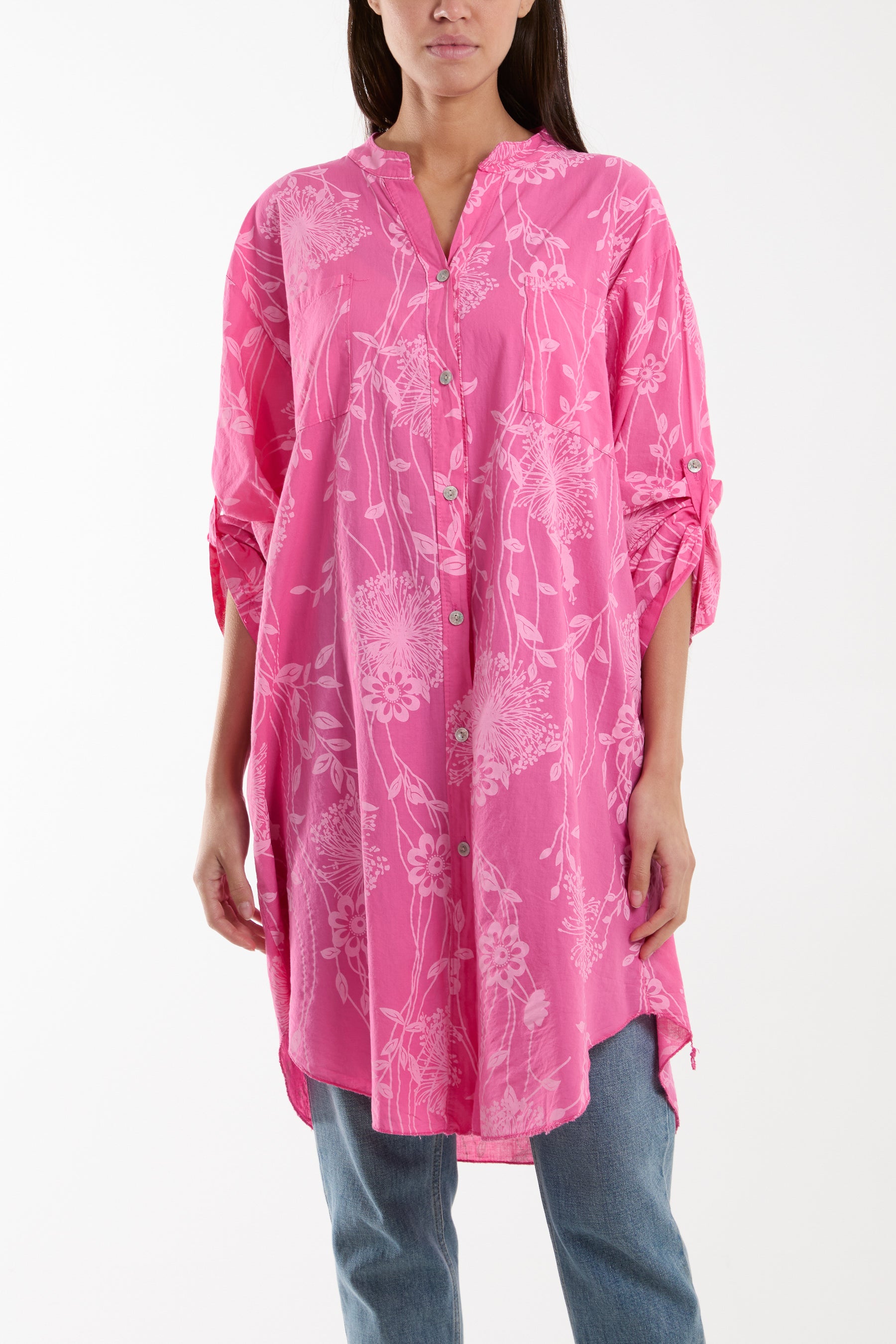 Botanical Button Sleeve Longline Shirt/Dress