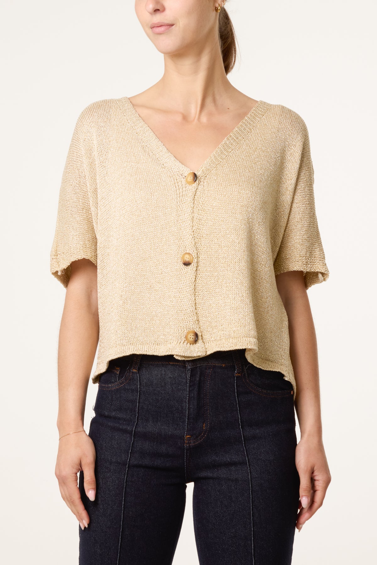 Button Through Golden Short Sleeve Top