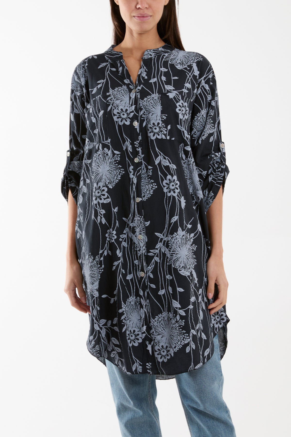 Botanical Button Sleeve Longline Shirt/Dress