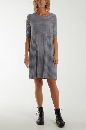 Ribbed Rolled Sleeve Knit Dress