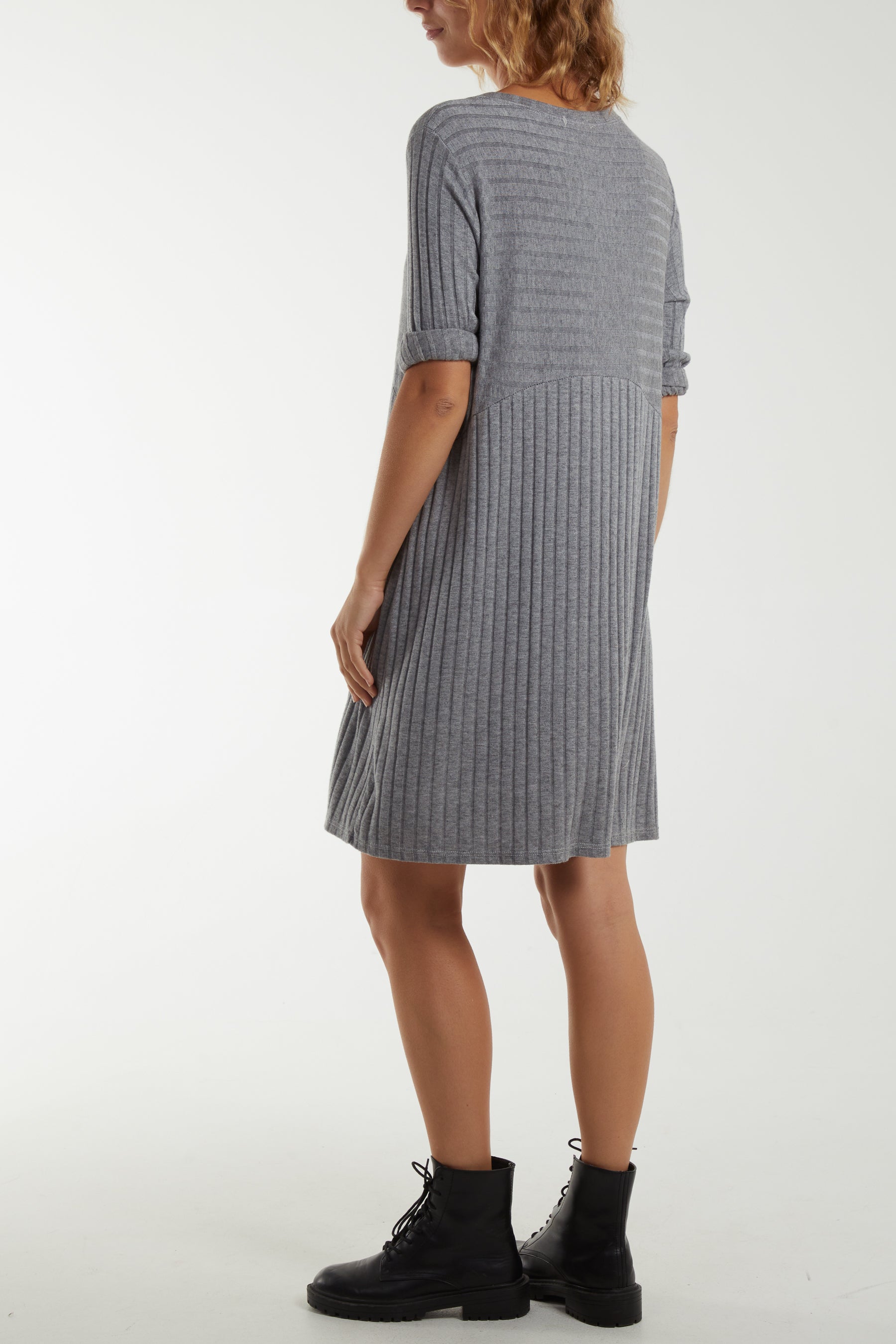 Ribbed Rolled Sleeve Knit Dress