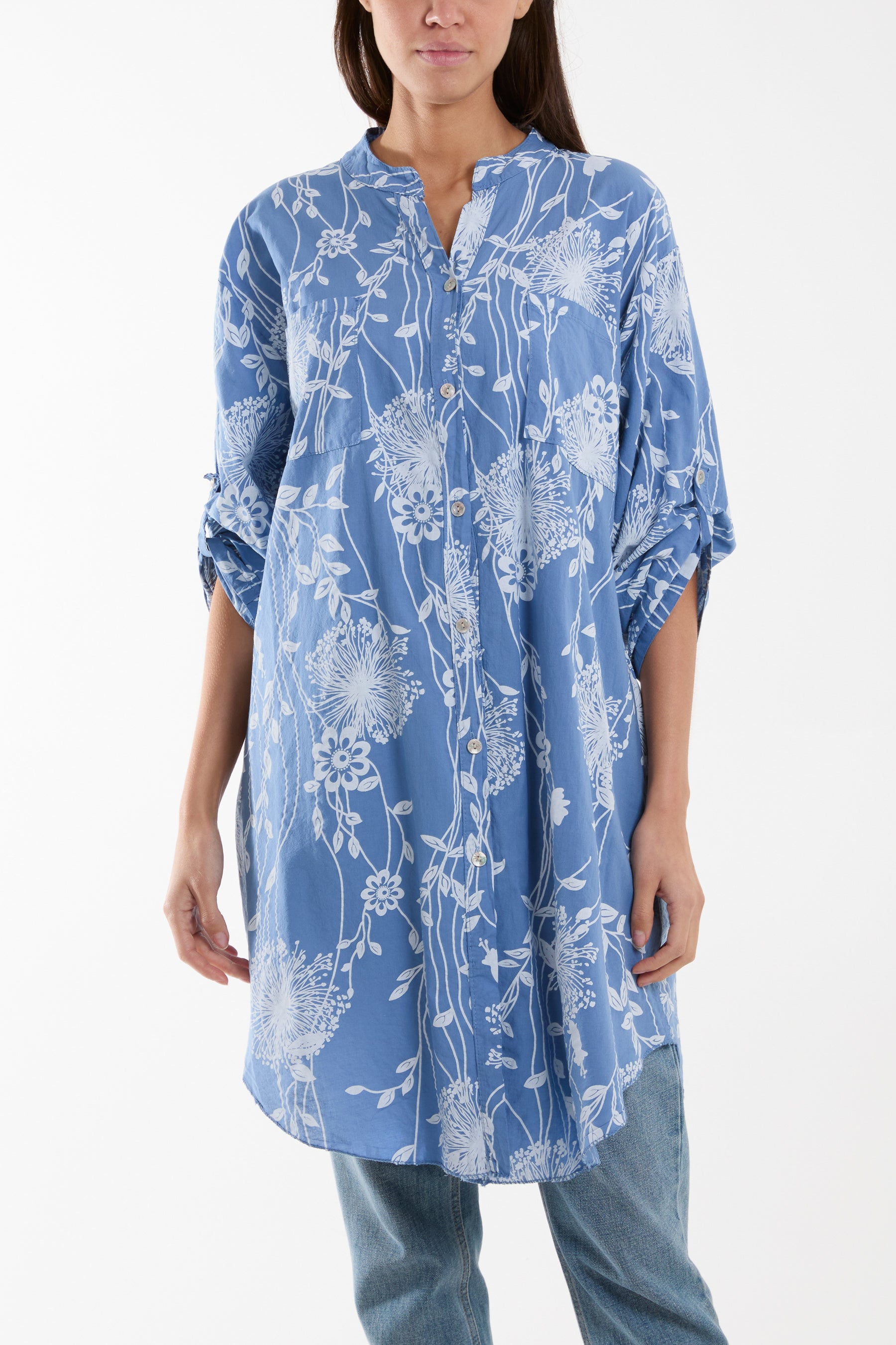 Botanical Button Sleeve Longline Shirt/Dress