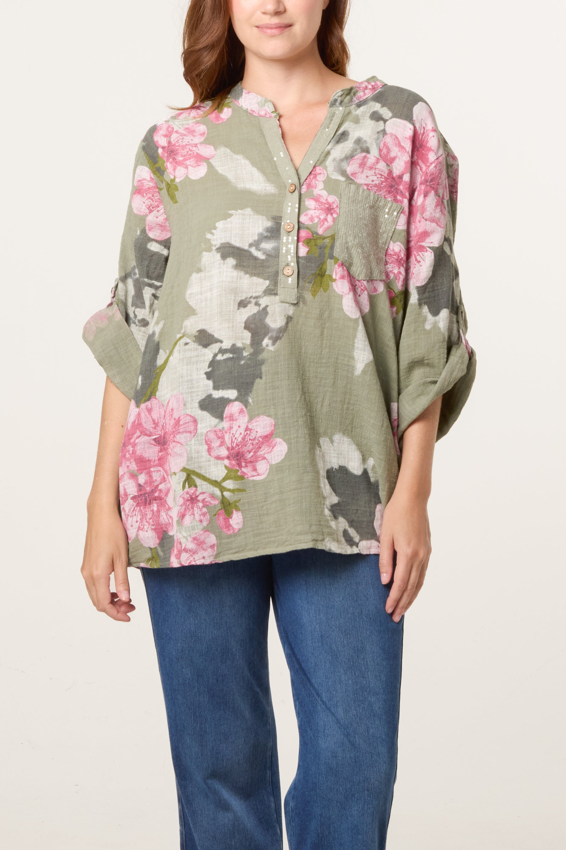 Floral Sequin Pocket Roll Sleeve Blouse