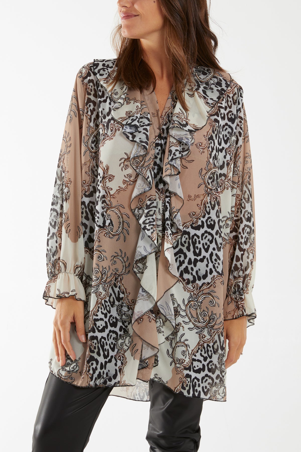 Mixed Animal Print Ruffle Blouse